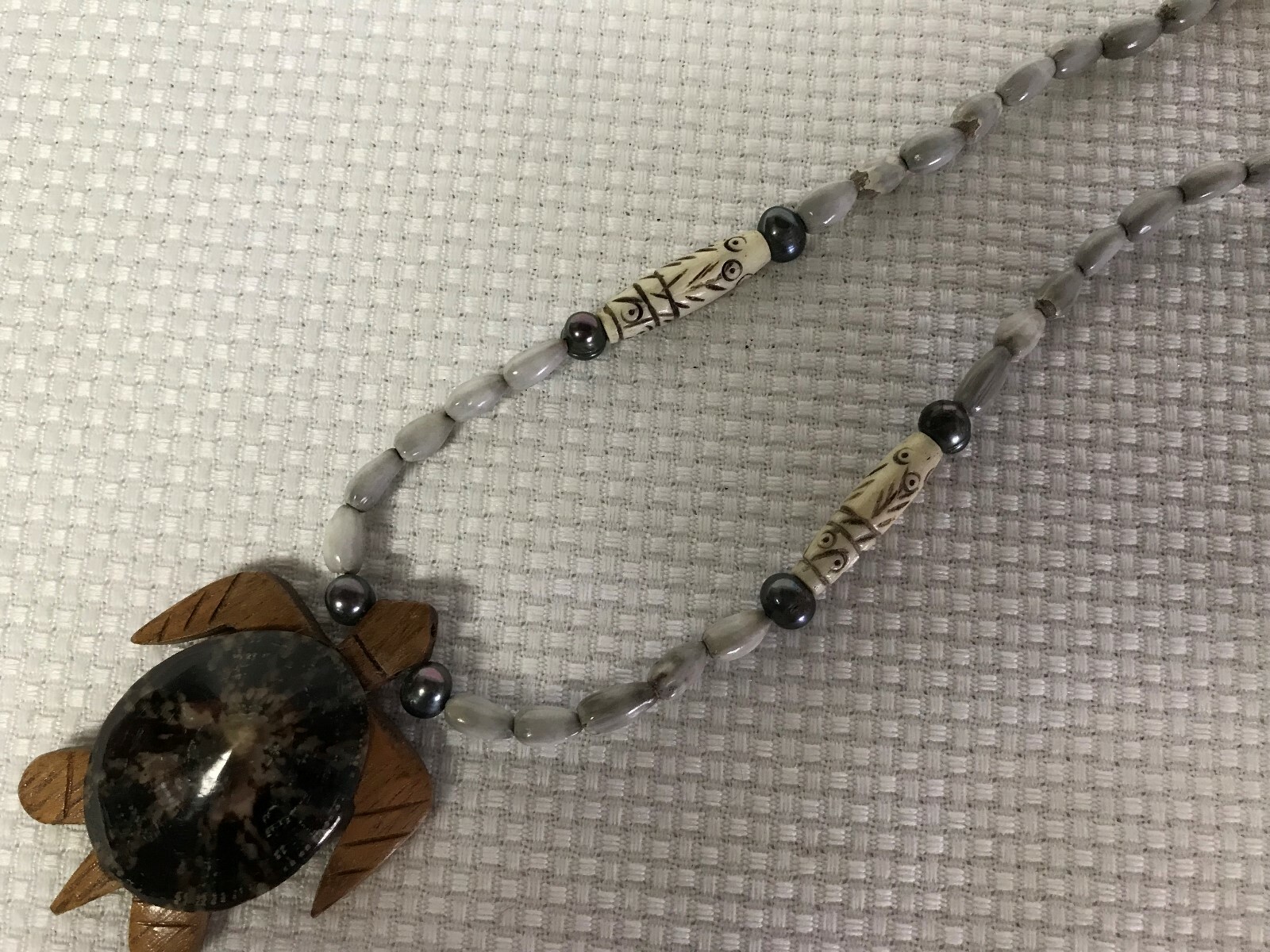 Vintage Surfer Necklace Shell Beads and Wood Carved Turtle W/Shell Back