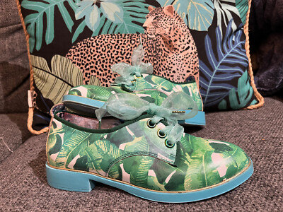 Irregular Choice GREEN Leaf Print Lace-up Loafers - Women's Sz 5.5/6 (EU 36)