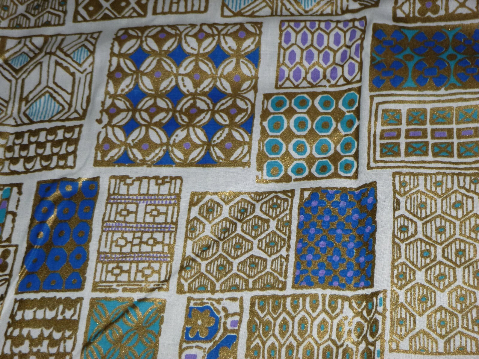Vtg MOD Cotton Fabric Gold Metallic Turquoise Blue Geometric