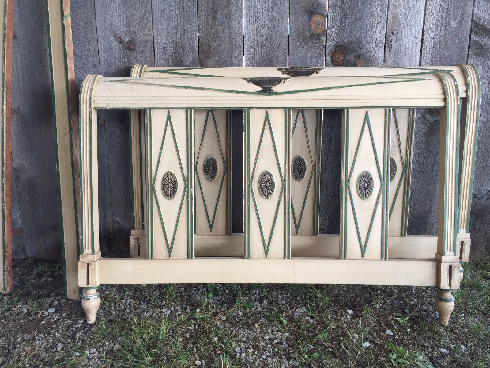 Antique French Bed Frame Full Sized Original Paint with Urns and Floral Details