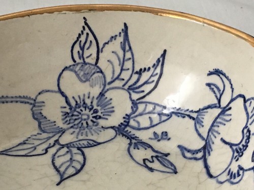 D Beall Pottery Bowl Blue And White Flowers Gold Trim Primitive Hand Thrown
