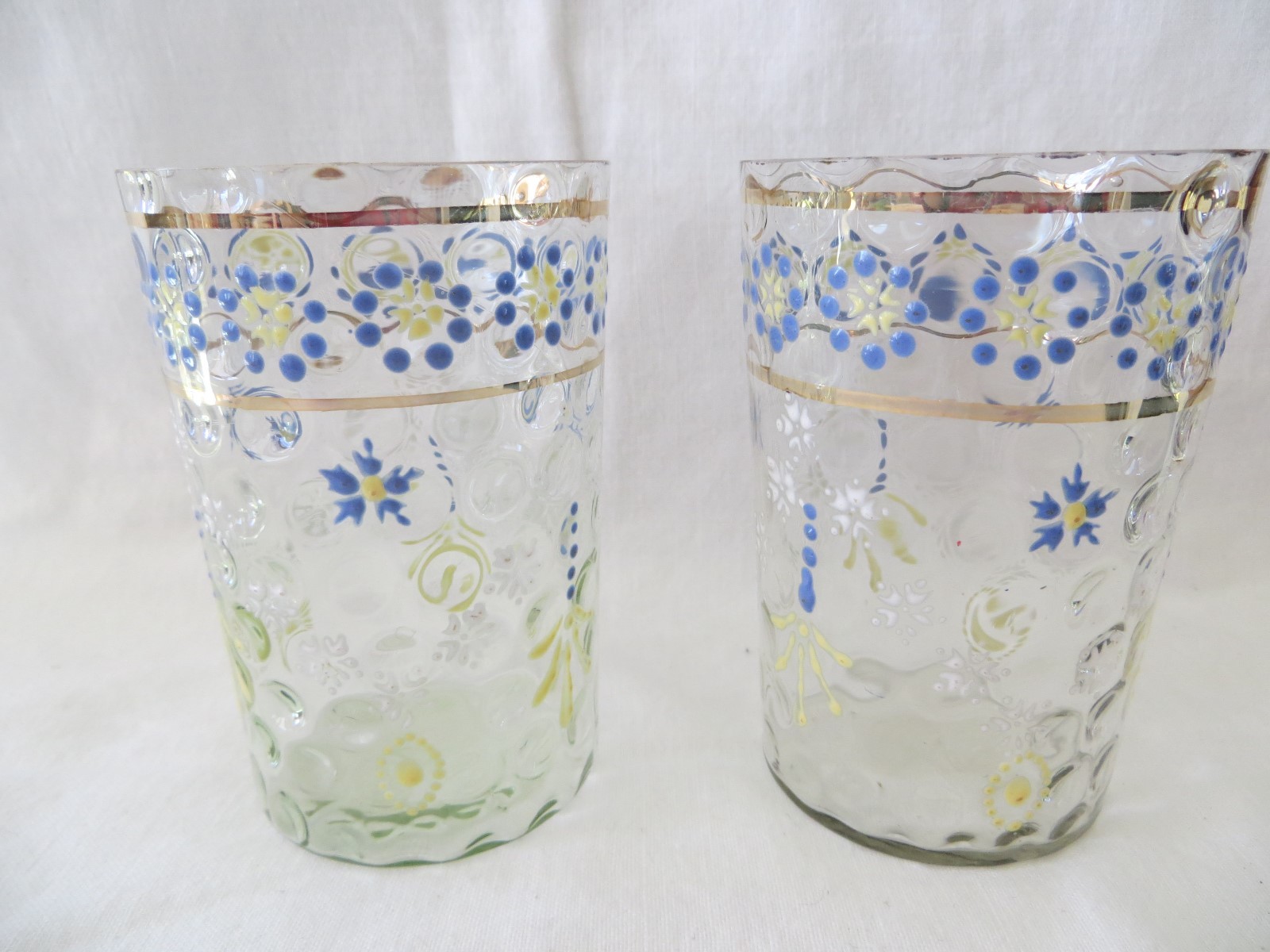 2 Victorian Enameled Glass Tumbler Blue Yellow Flowers Swag Thumbprint Coin Dot