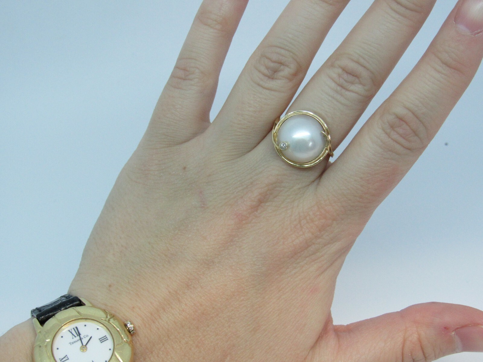 Mabe Pearl Diamond Ring in 14K Yellow Gold. Size 6.5