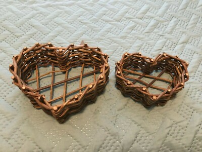 Two Heart Shaped Wicker Twig Branch Woven Baskets 2 Sizes Country Rustic