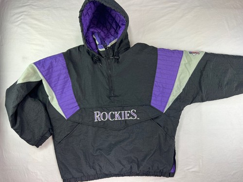Vintage Starter Colorado Rockies Jacket Mens XL Black Pullover 1/2 Zip Hood