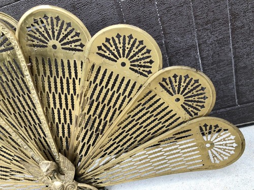 Antique vintage BRASS Fireplace Fire Screen Guardian Lion Griffin Peacock *RARE*