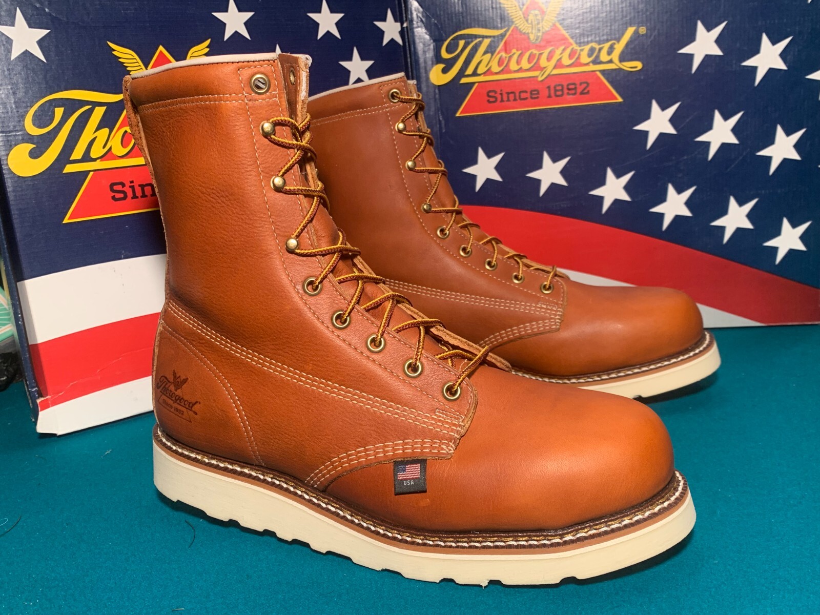 Pre-owned Thorogood Men Size 10 1/2 Ee Plain Toe 814-4364 Wedge Bottom 8" Boots Usa Made In Full Grain Tobacco Oil Tanned Leather