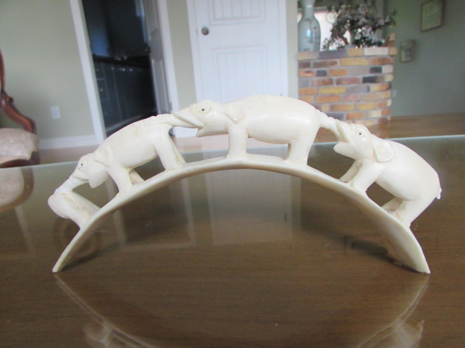 ANTIQUE PIG BOAR TUSK TOOTH - CARVED ELEPHANTS