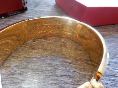 $345 New Alexander Mcqueen Skull Button white Enamel and Gold tone Bracelet, Med