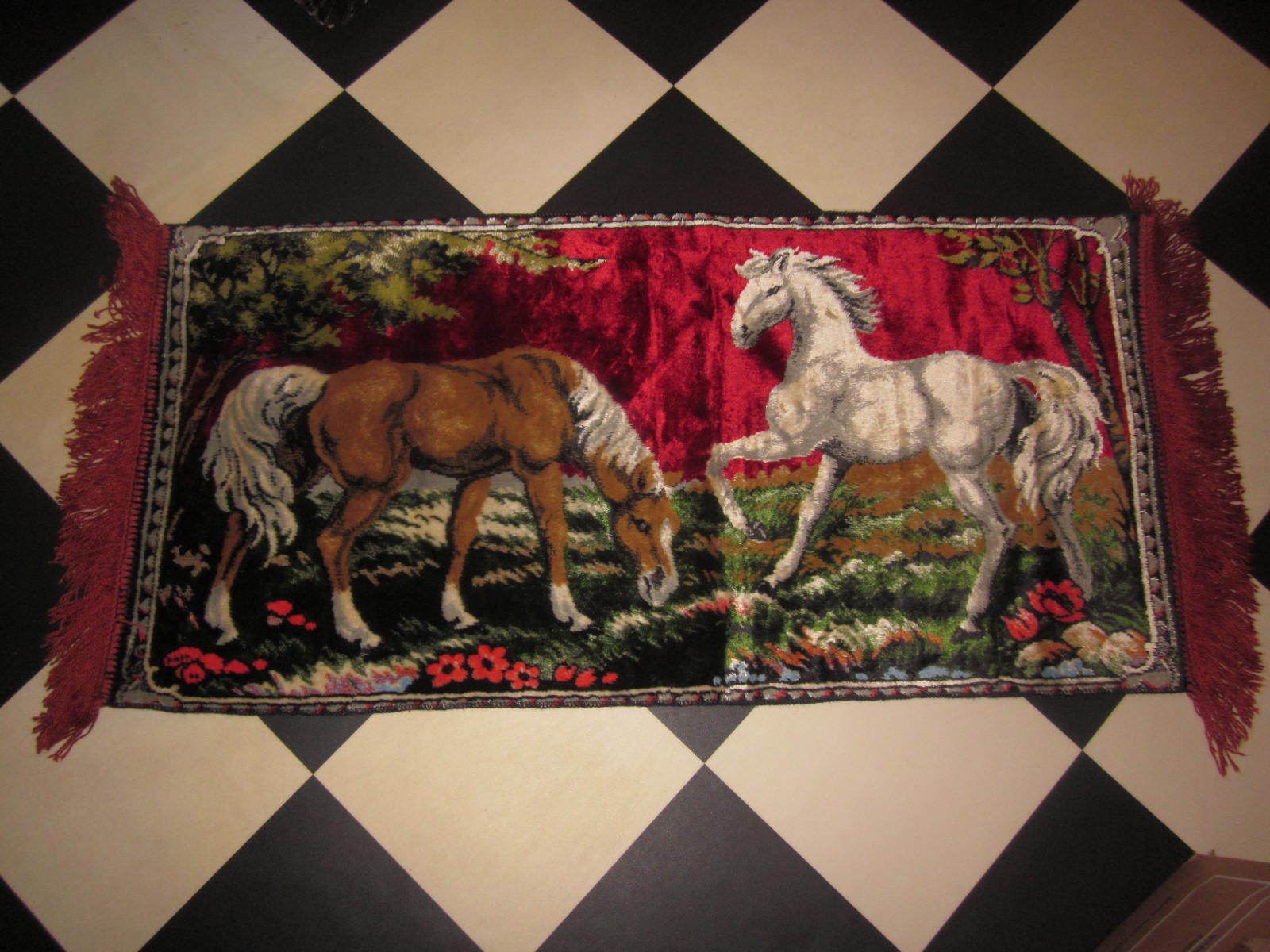 Vintage 60s 70s HORSE TAPESTRY RED throw Rug Wall Hanging carpet art Retro