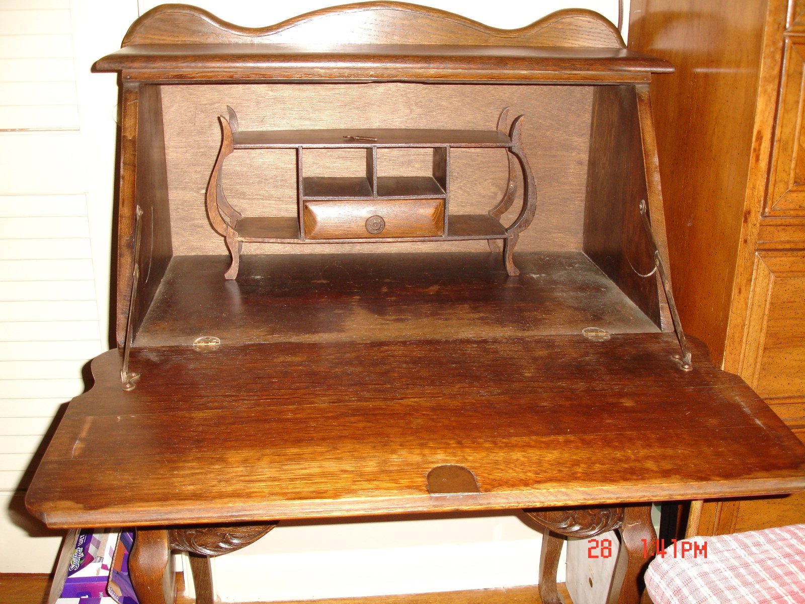 . Tiger Oak Drop Leaf Front Secretary Desk with Drawers