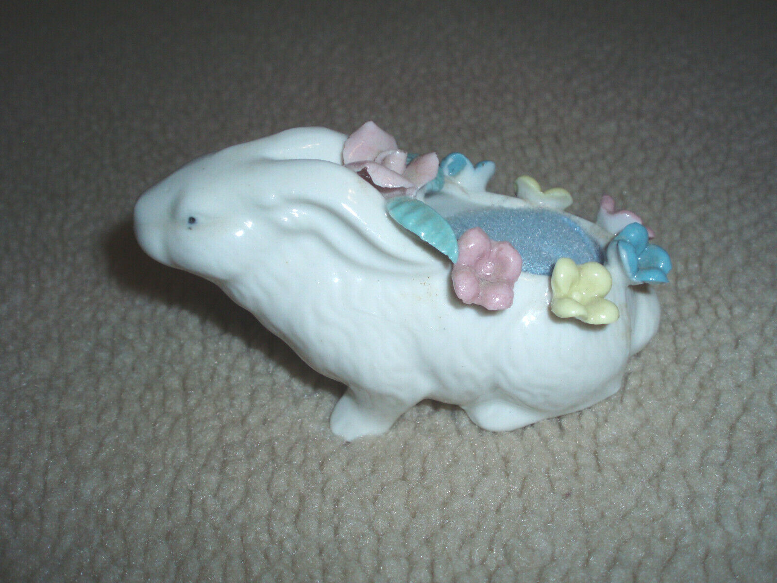 Vintage Porcelain Bunny Rabbit Pin Cushion White w/ Pastel Flowers Japan