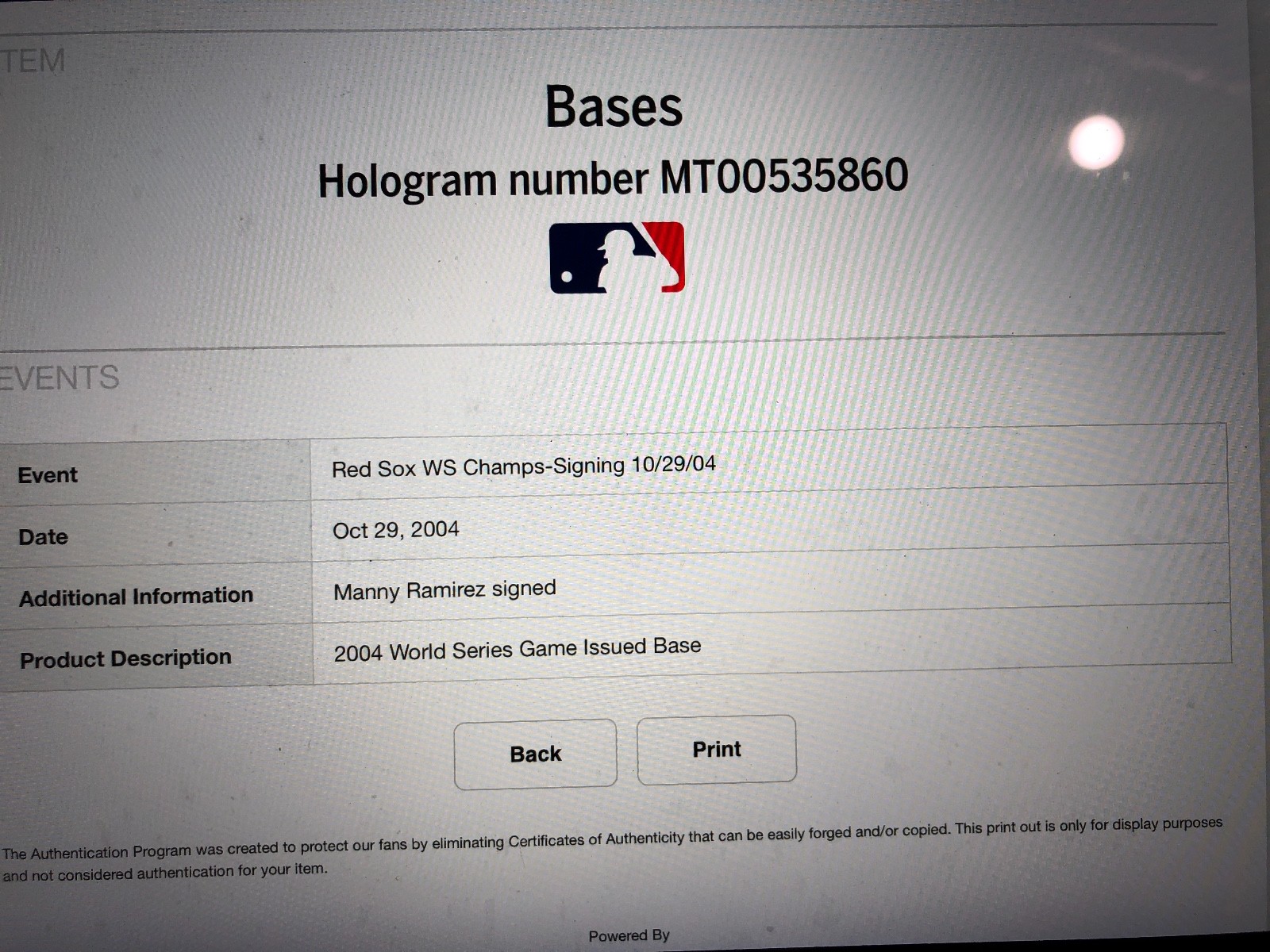 2004 Official World Series Base Signed by MVP Manny Ramirez Red Sox MLB Auth.