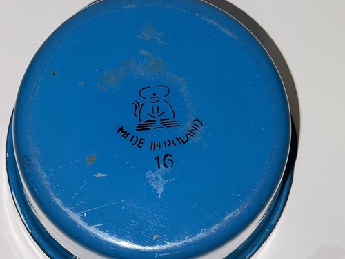 Vintage Huta Silesia Poland Blue Enamel Enamelware Steel Sauce Pan Pot # 16 60s