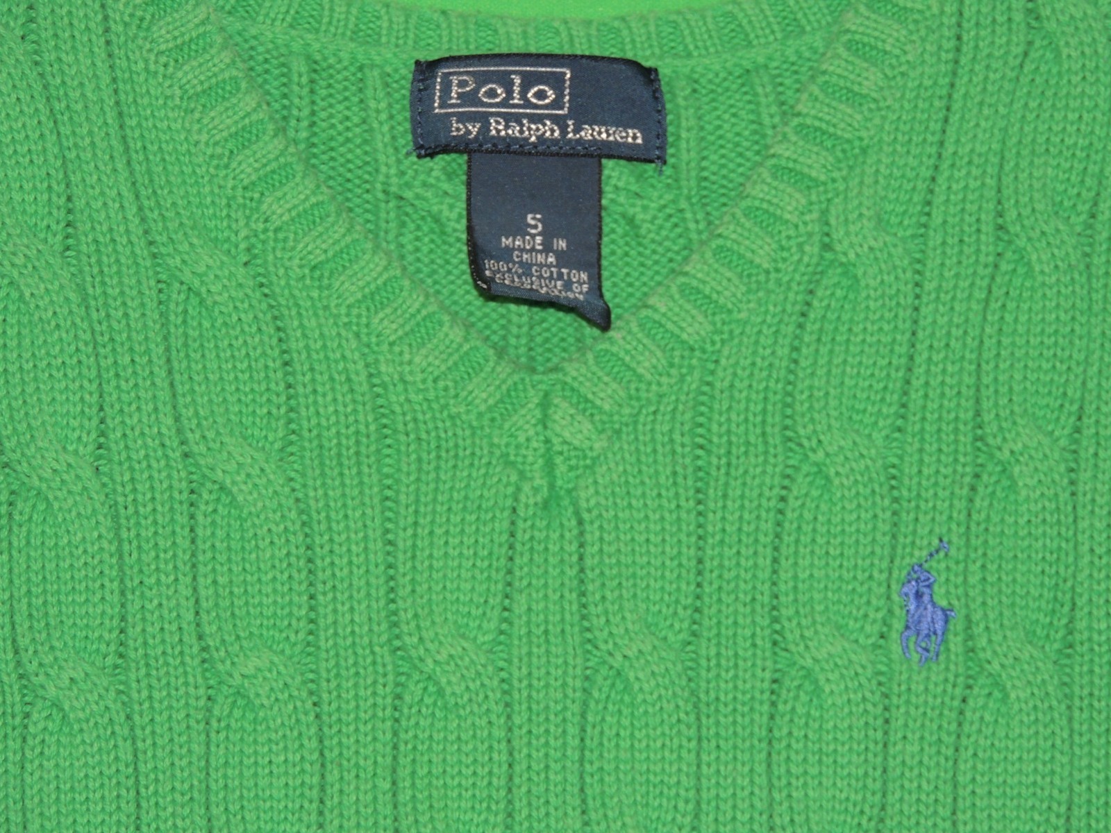 Polo Ralph Lauren Boys Youth Size 5 Green Cable Knit V Neck Sleeveless Vest