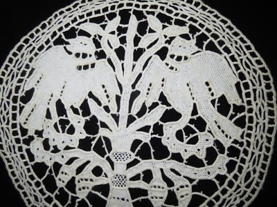 6 Antique Italian Cantu/Buratto Lace Cocktail Mats Doilies Two Birds