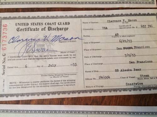 7 1953 U.S. Coast Guard Certificate of Discharge Merchant Seaman Steam Vessels