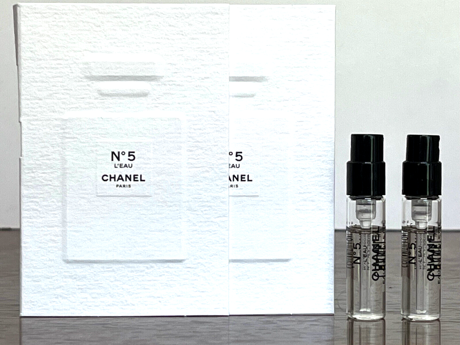 2x CHANEL N° 5 L'EAU EDT Spray Perfume Samples 0.05oz / 1.5ml EACH NEW  ON CARD