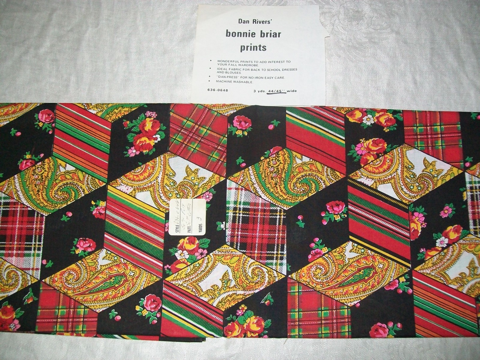 VINTAGE FABRIC DAN RIVERS 3 YARDS FLOWERS, PLAID PAISLEY PRINT #2