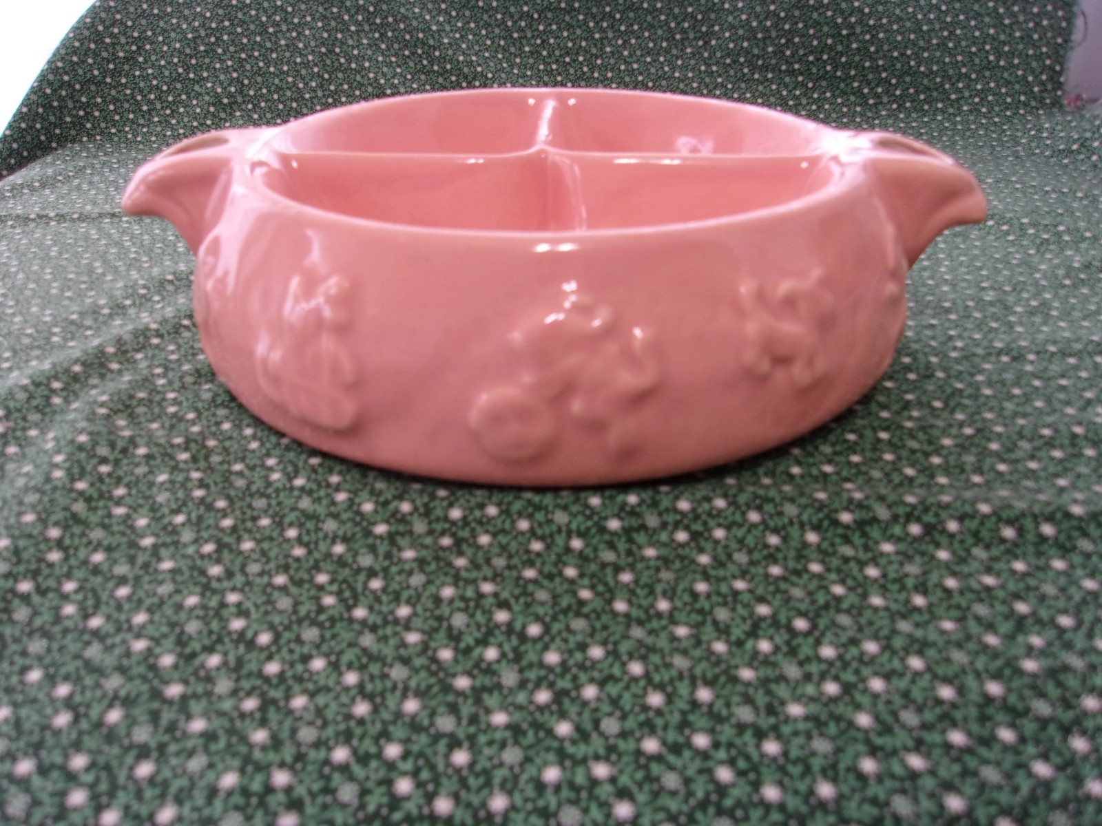 VINTAGE PINK POTTERY WARMING DIVIDED BABY FEEDING DISH NURSERY RHYMES 893