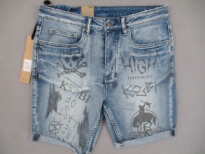 Ksubi Shorts Mens 31 Blue NWT Denim Chopper Nowhere Punk Grapahic Punk Graffiti