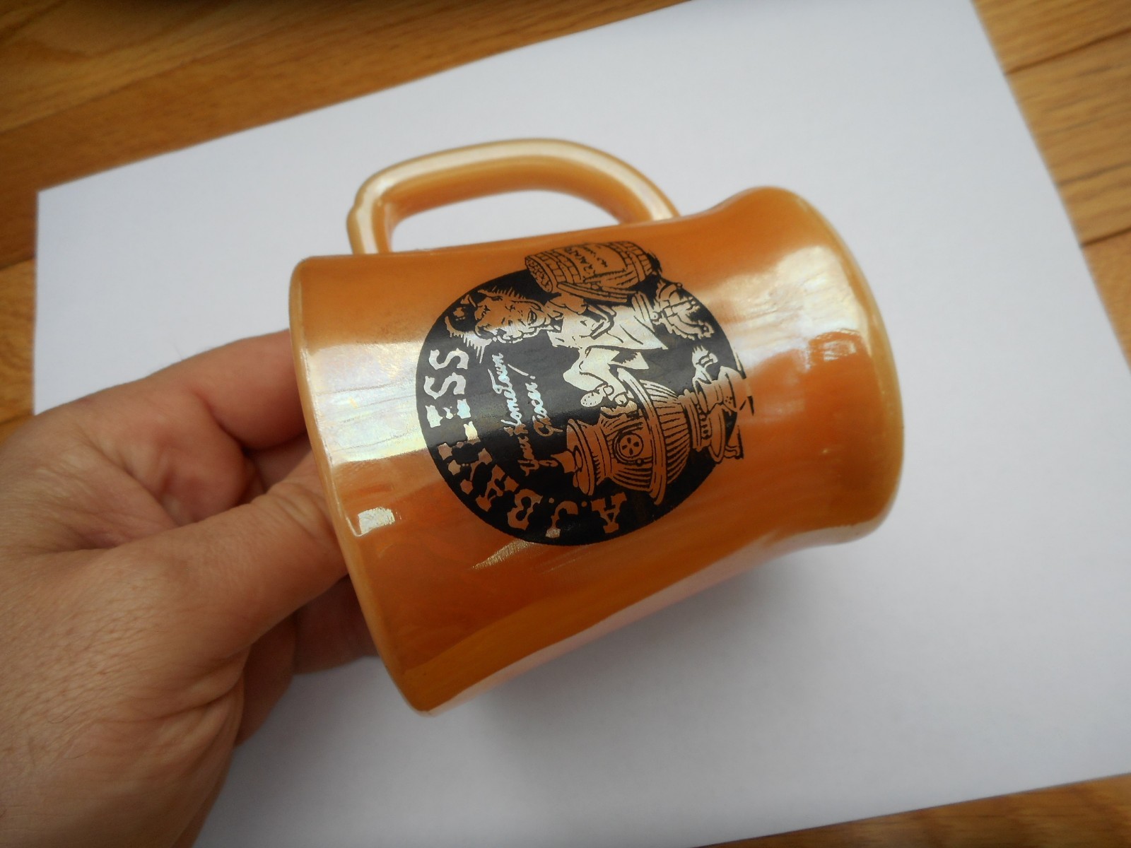 Vintage A.J. Bayless Grocers Grocery Fire King Peach Lustre Glass Coffee Cup