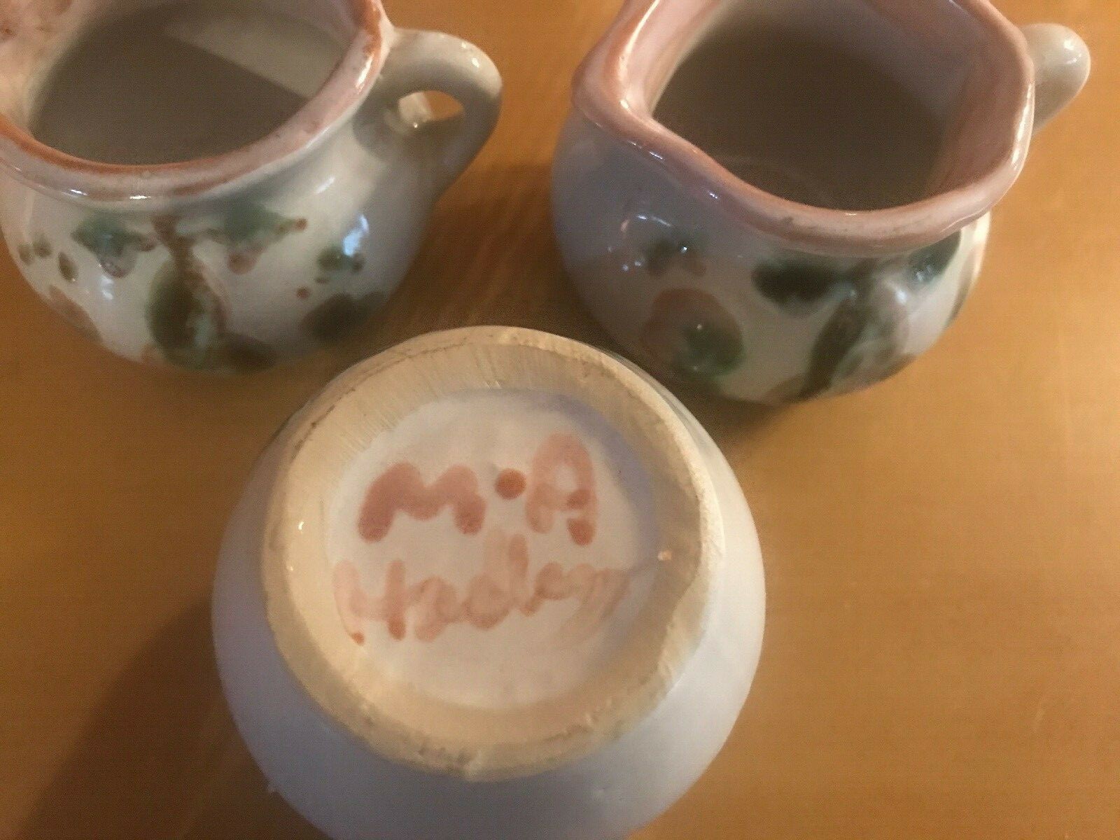 M A Hadley PEAR & GRAPE Pink -3 Pc  MINI MINIATURE SUGAR BOWL 2 CREAMERS