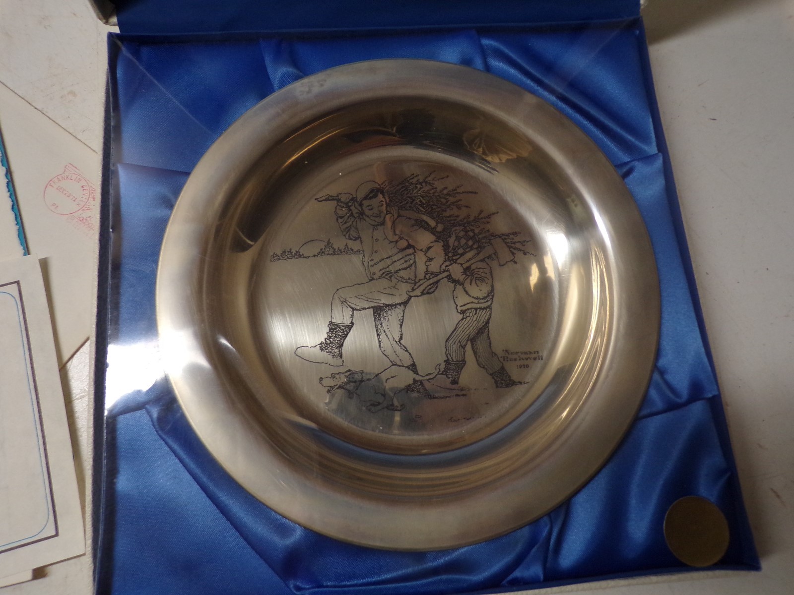 1970 Sterling Silver Franklin Mint Norman Rockwell Plate Bring Home the Tree