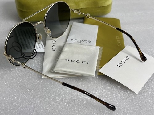 Pre-owned Gucci Gg0878s 001 Gold Havana Frame Grey Lens 59-20-140 Sunglasses Gg 0878 In Gray