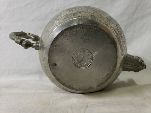 Antique Chinese Engraved Kut Hing Swatow Pewter Teapot. 2nd ½  19th c.  9 ½”