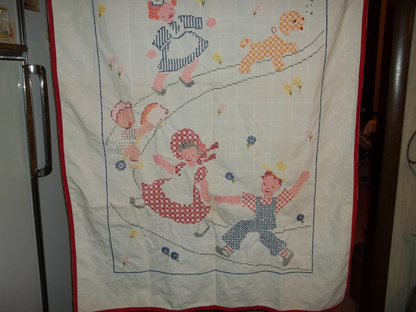 Youth's,Farm Style,Vintage,Bed Cover,Linen,Cross-Stitching,1960's,Very Good Cond