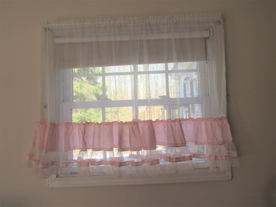 Shabby Vintage Victorian Pink Rose Ruffle Flocked Dot Curtains Pair Panels
