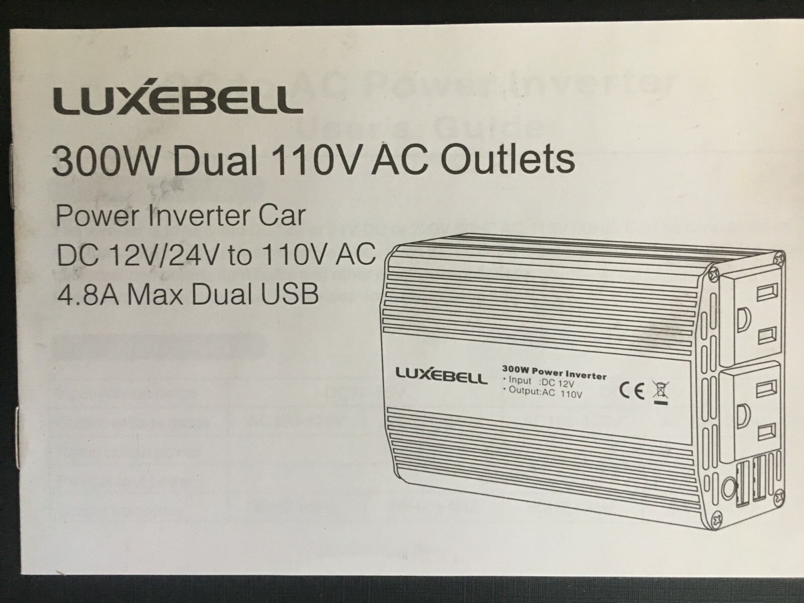 Luxebell 300W Power Car Inverter Dual Charging Ports 110V AC Outlets DC 12V