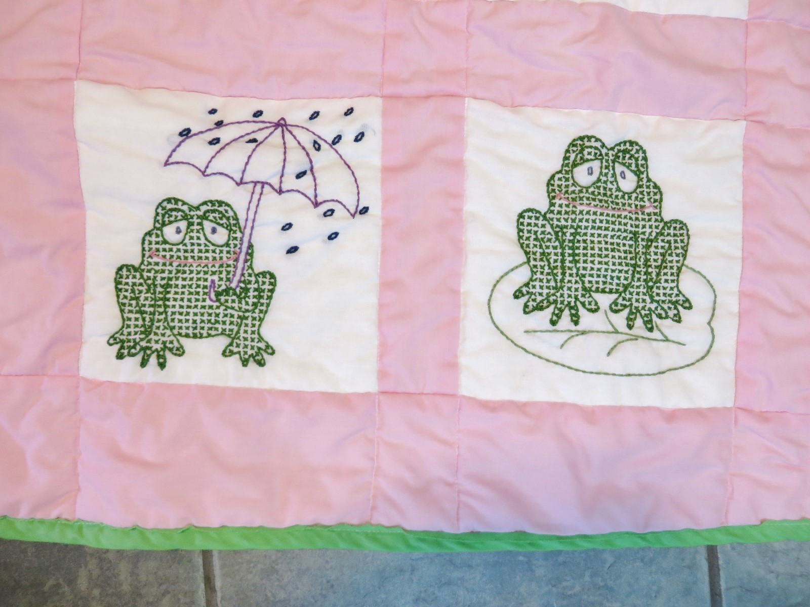 HANDMADE FROG QUILT BABY EMBROIDERED PINKS AND GREENS