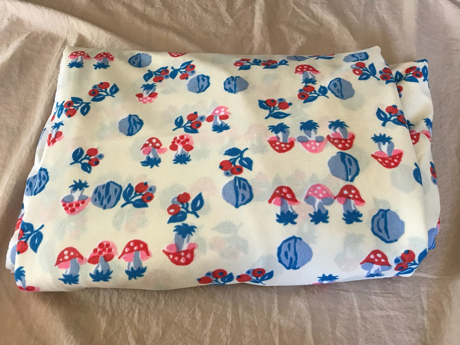 Vintage MUSHROOM FABRIC 60s 70s Almost 4 YARDS Walnut Blue Red White Pink 138x64