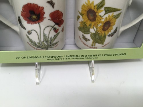 Sunflower &Poppy  BOTANIC GARDEN SET OF 2 MUGS W/ Spoons SET PORTMERION NEW