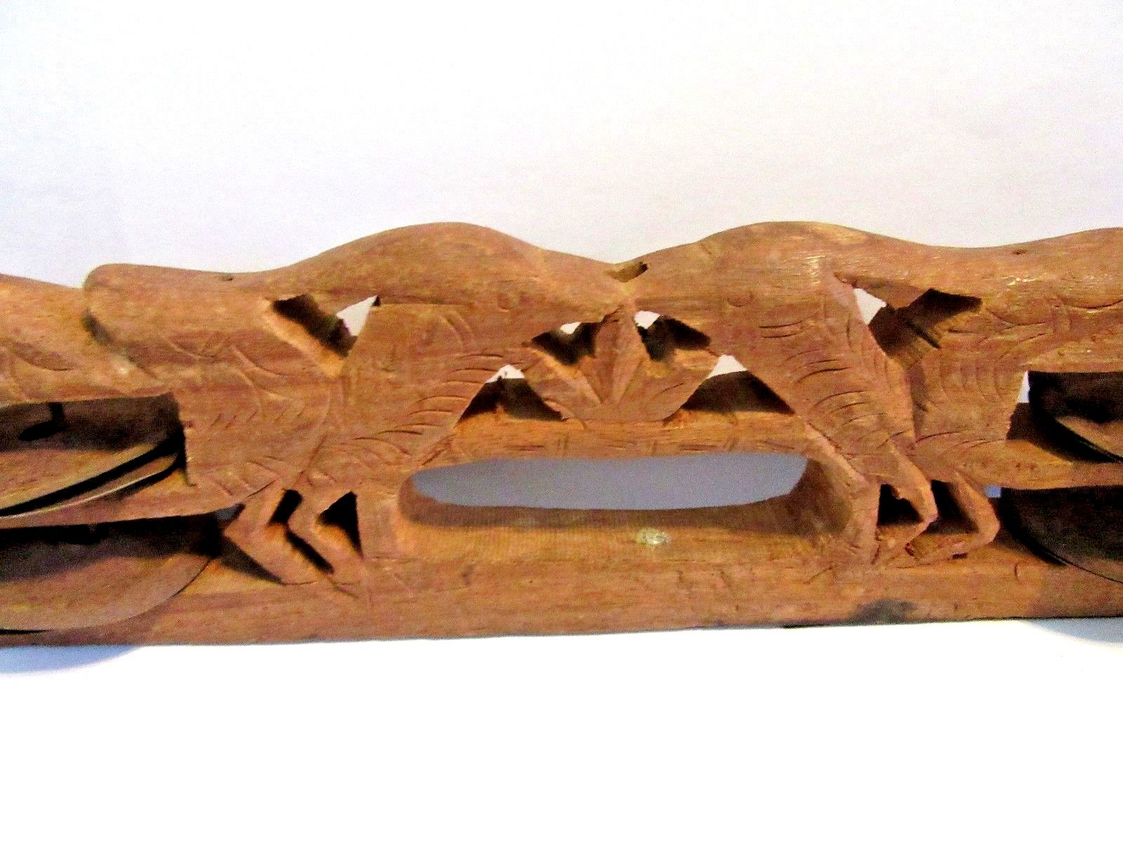 CARVED TEAK WOOD FOLK ART ANIMAL TRIBAL TAMBOURINE VINTAGE MUSICAL INSTRUMENT