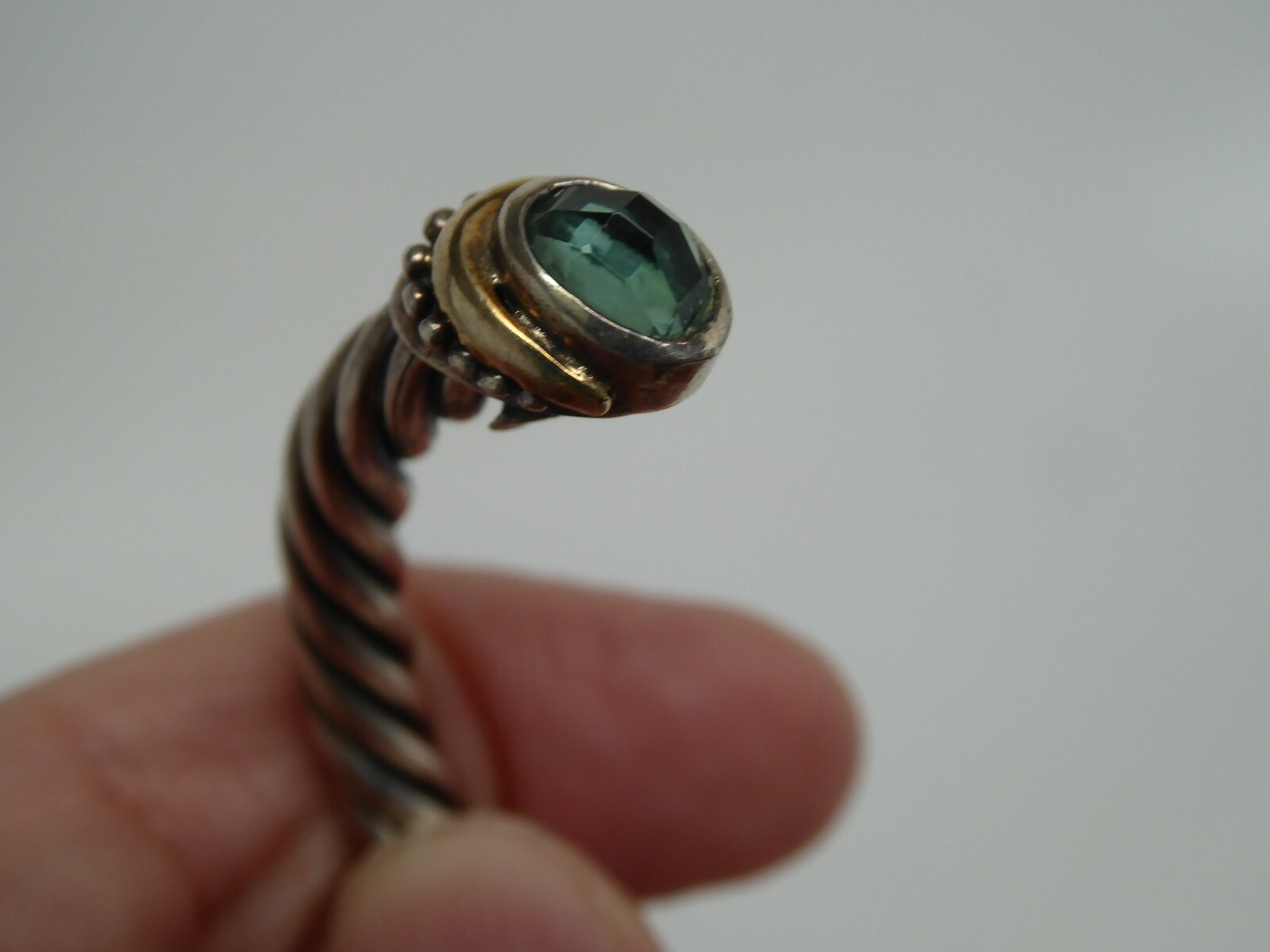 Signed SB Sterling Silver 14k YG Blue Topaz Cable Style Hinged Cuff Bracelet 6.5