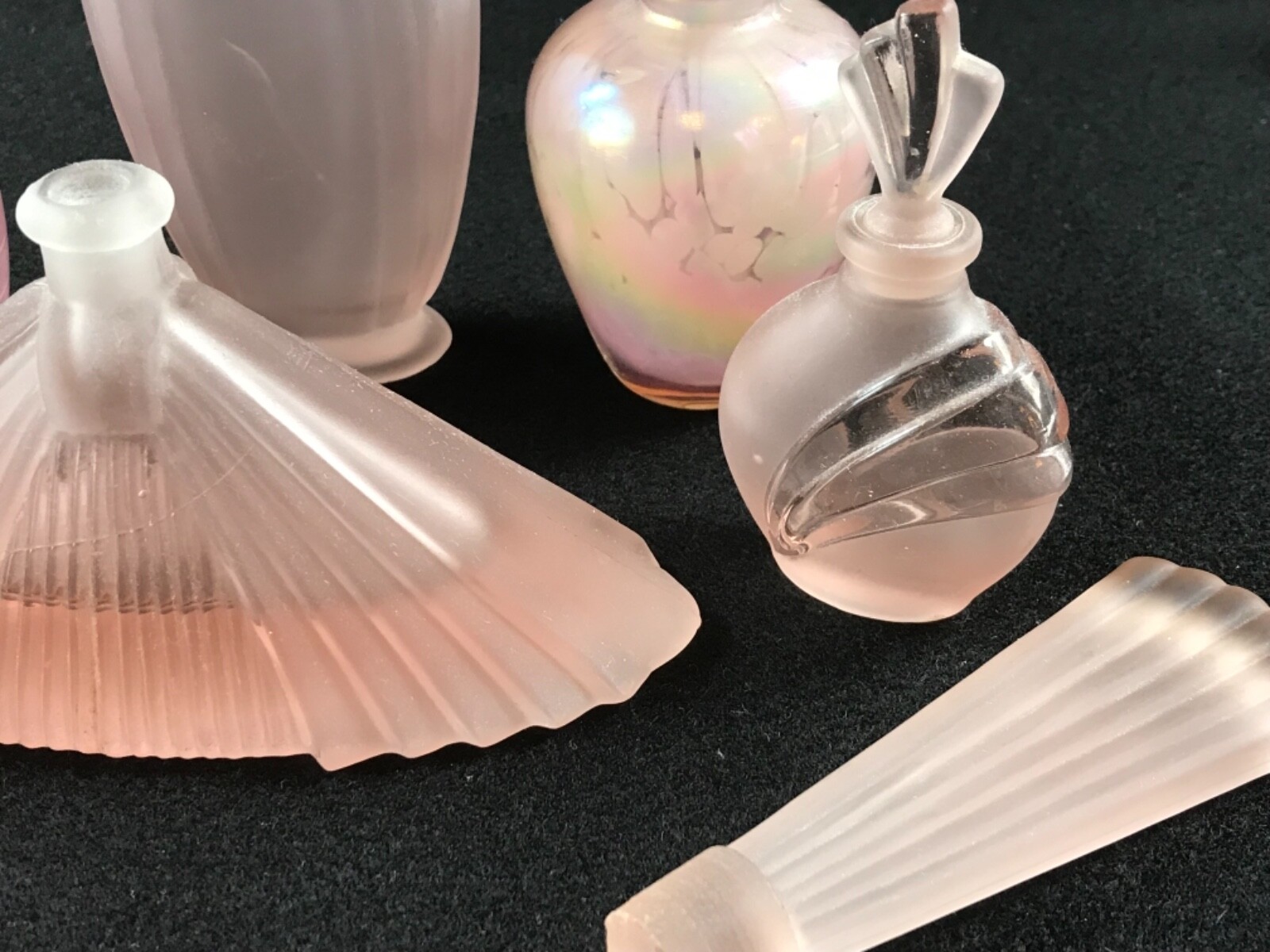 7 Vintage Pink Glass Perfume Bottles w/ Stoppers