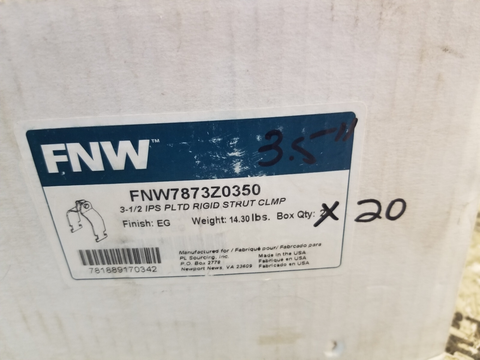BOX OF 20PC  3-1/2 in. Carbon Steel Rigid Strut Clamp 7873Z0350 FNW7873Z0350 - Picture 1 of 5