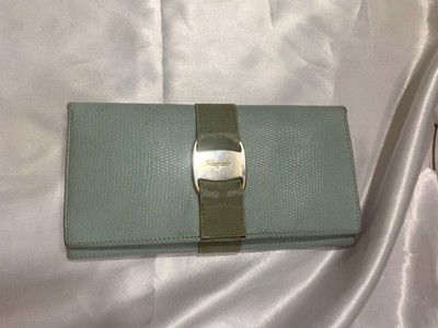 Vintage Salvatore Ferragamo Blue Lizard Embossed Leather Fold-Over Long Wallet