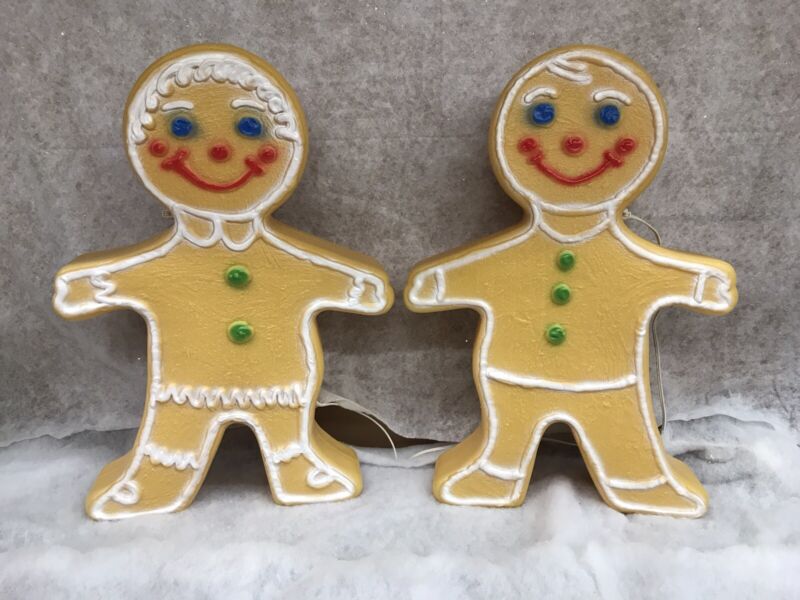 Blow Mold Gingerbread Figure Girl And Boy Christmas Colors Icing Union PAIR 2