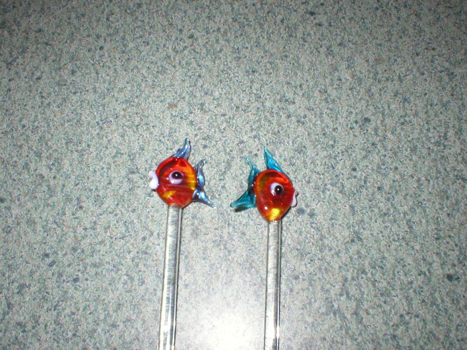2 VTG Blown Art Glass Red/Blue Fish Swizzle Sticks Stir Pick Sticks 6 5/8