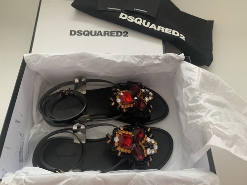 Pre-owned Dsquared2 6.5 7.5 Jeweled Black Patent Leather Ankle Strap Flat Sandals $890