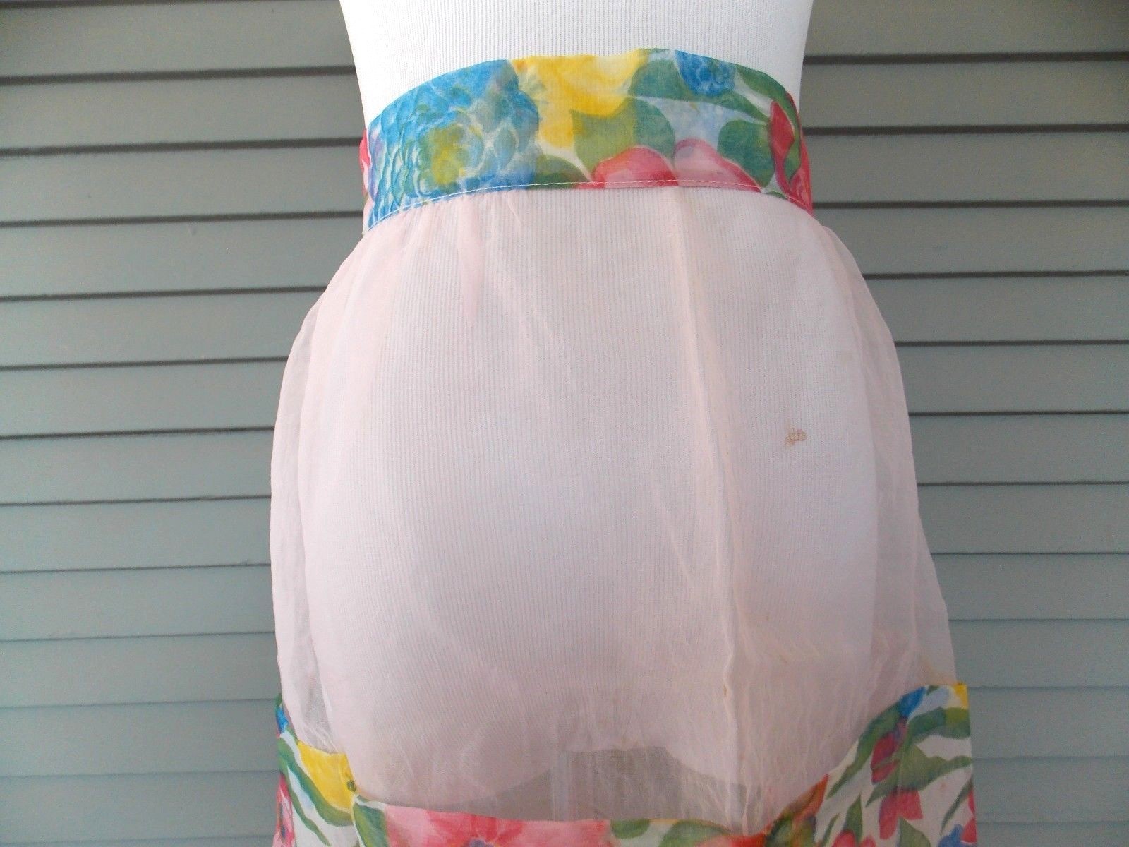 Vintage Handmade Half Apron Pink Sheer Floral Pockets and Trim