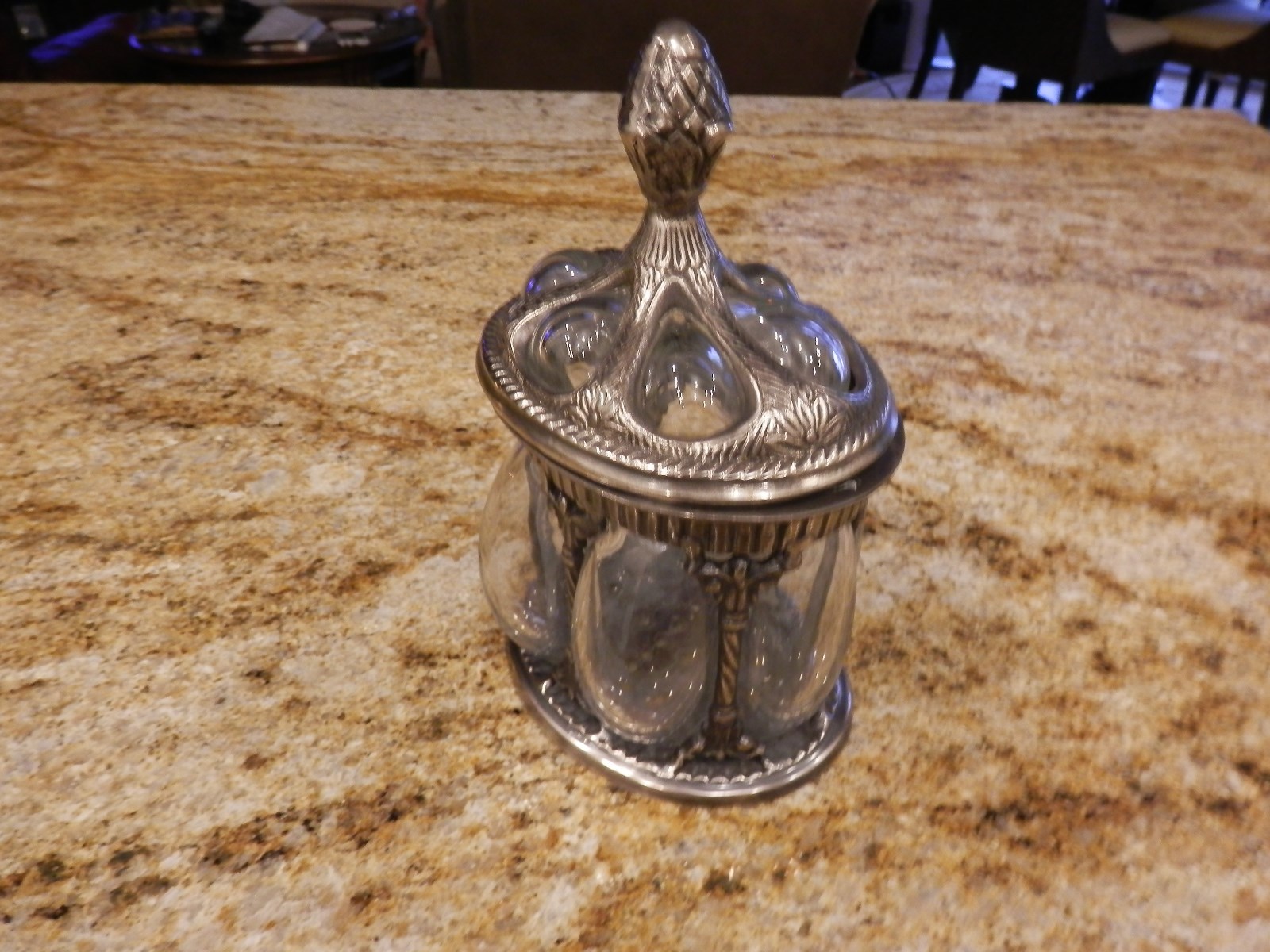 ANTIQUE GLASS AND METAL COVERED JAR CANISTER HAND BLOWN BUBBLE GLASS
