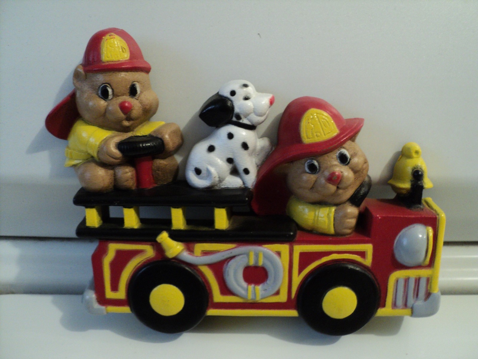 Vintage kids firefighter firetruckwith dalmatian dogs wall decor set of 2 Rare