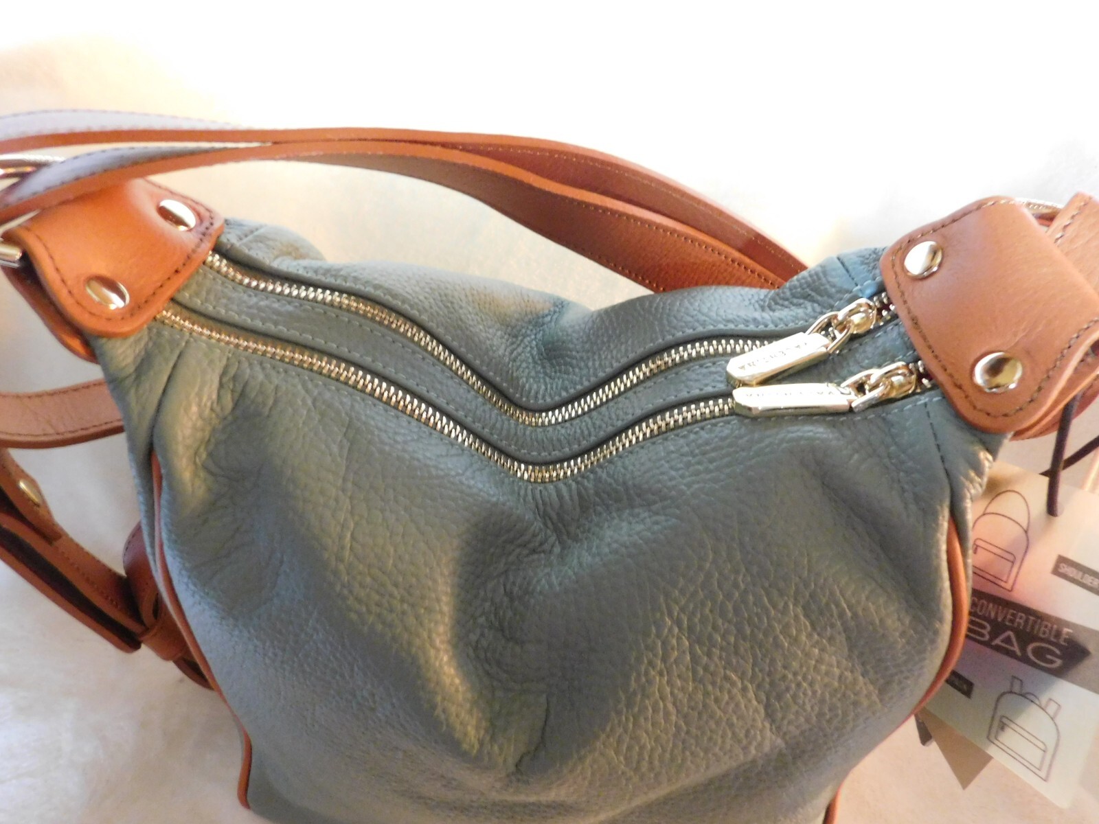 Valentina Italian Convertible Backpack Shoulder Bag Jade Green Cognac Trim NWT