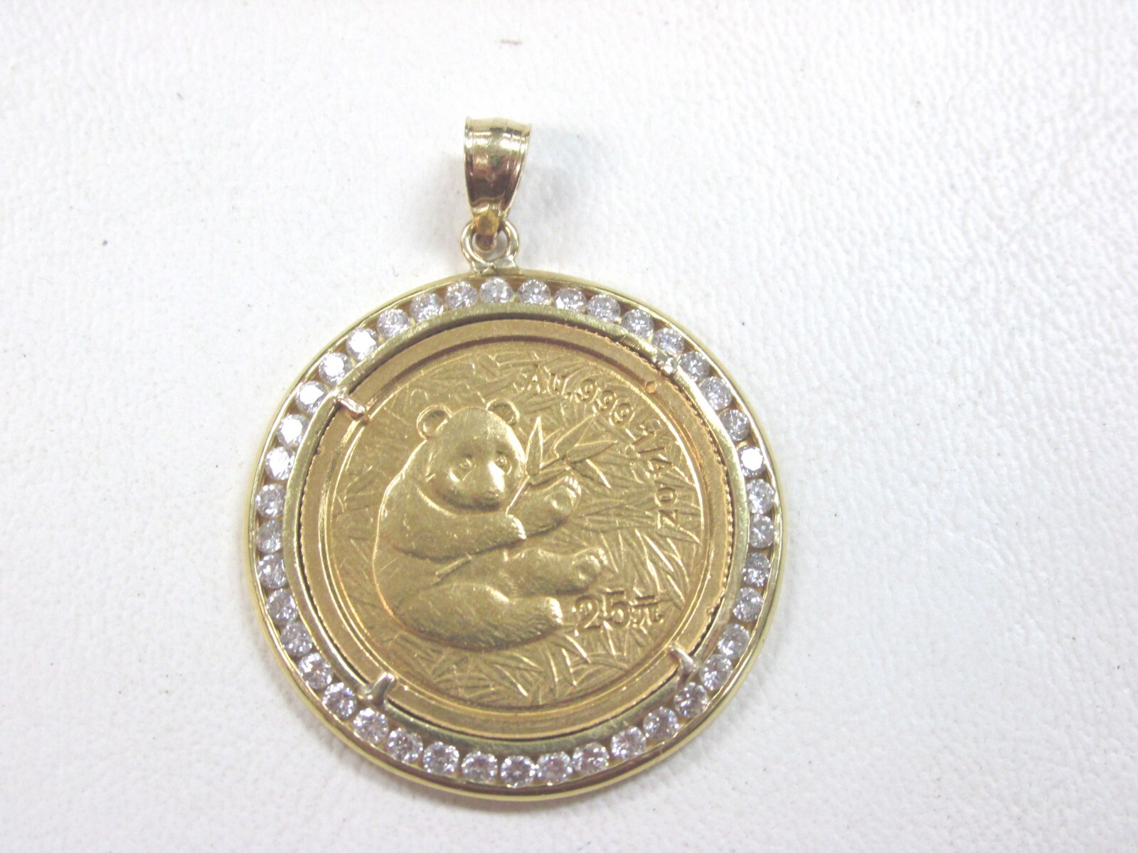 1 ctw Diamond Bezel Chinese Panda Coin Pendant 14k 999 Gold