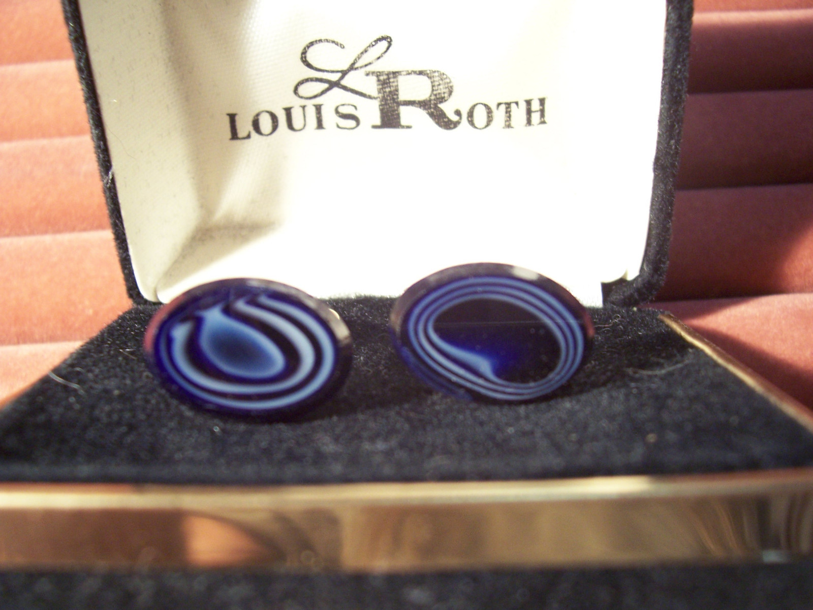 MENS VINTAGE LOUIS ROTH BLUE AGATE FASHION GOLDTONE CUFFLINKS, MEMS WEARHOUSE